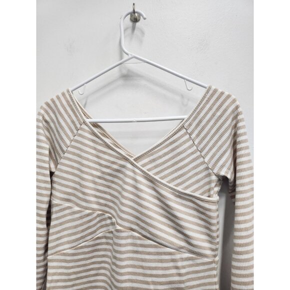 Anthropologie Deletta Womens Top Medium Tan White Striped Off Shoulder Ribbed - Picture 3 of 8